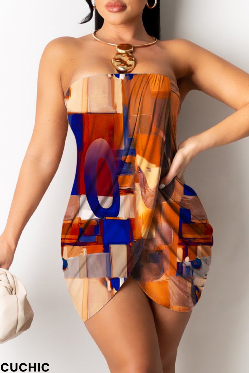 Brown Sexy Casual Print Patchwork Backless Strapless Sleeveless Dress Dresses-CuChic