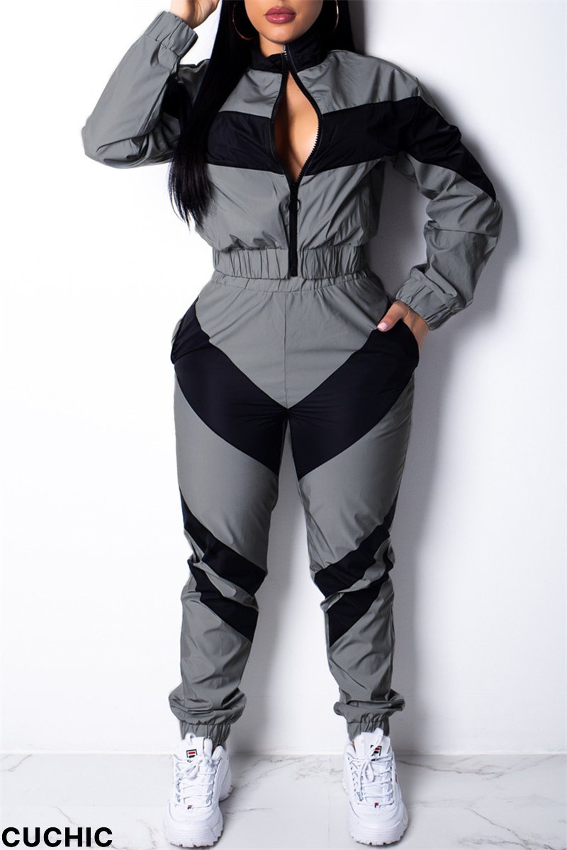 Black Gray Fashion Casual Patchwork Solid Split Joint Zipper Collar Long Sleeve Two Pieces(Without Pocket)-CuChic