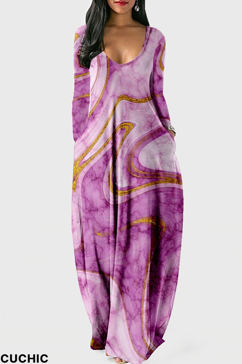 Purple Fashion Casual Print Patchwork V Neck Long Sleeve Dresses-CuChic