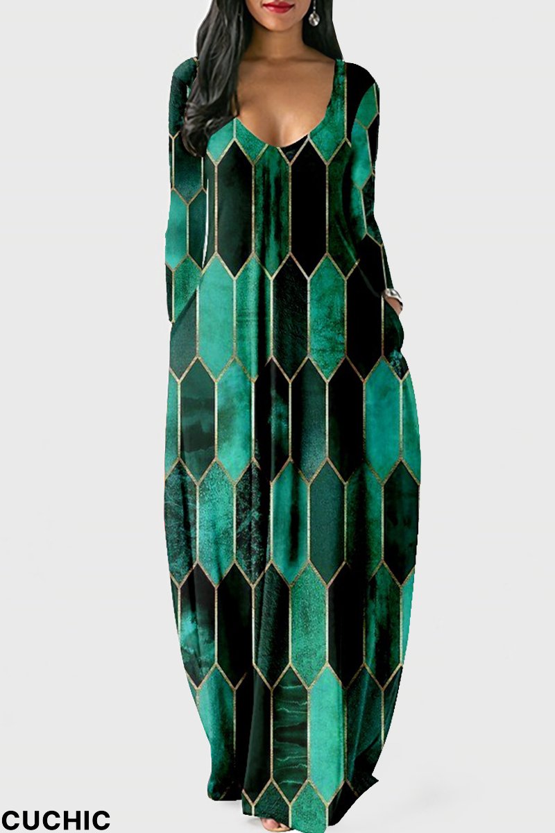 Black Green Fashion Casual Print Patchwork V Neck Long Sleeve Dresses-CuChic