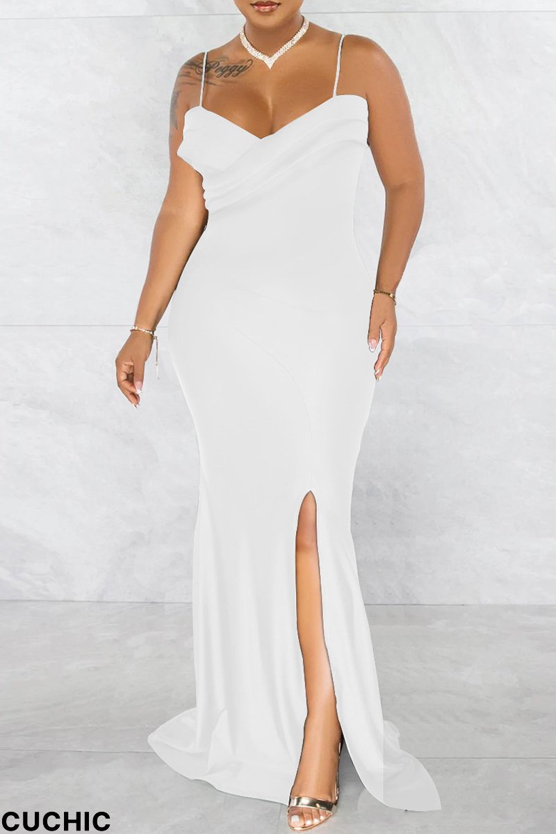 White Fashion Sexy Solid Backless Slit Spaghetti Strap Evening Dress-CuChic
