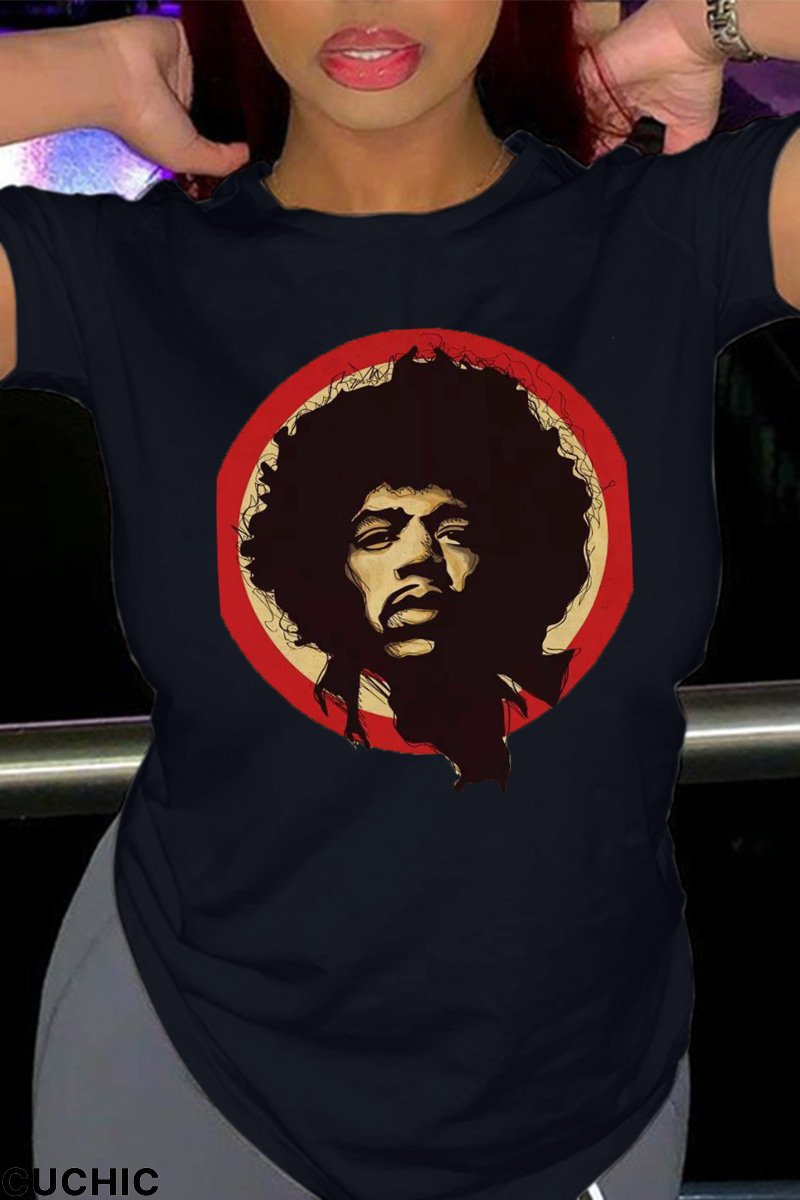 Black Casual Daily Print Patchwork O Neck T-Shirts-CuChic