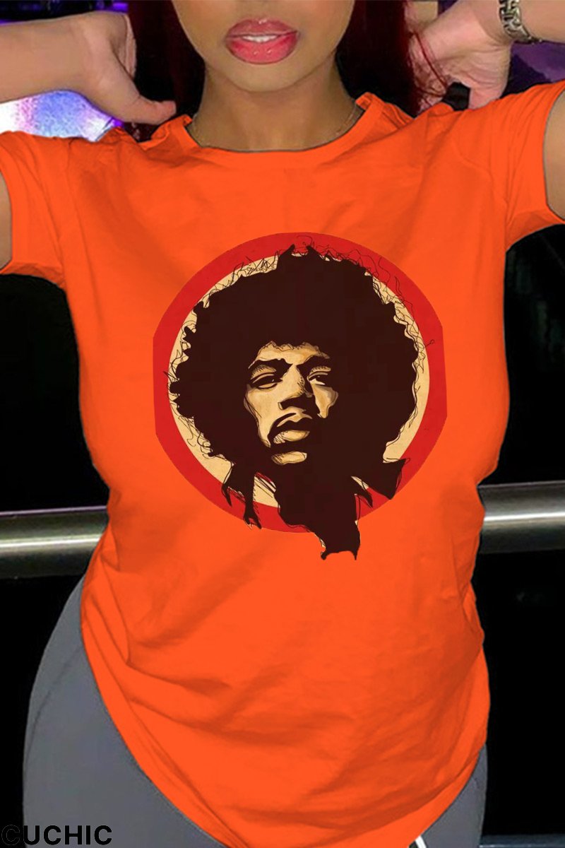 Orange Casual Daily Print Patchwork O Neck T-Shirts-CuChic
