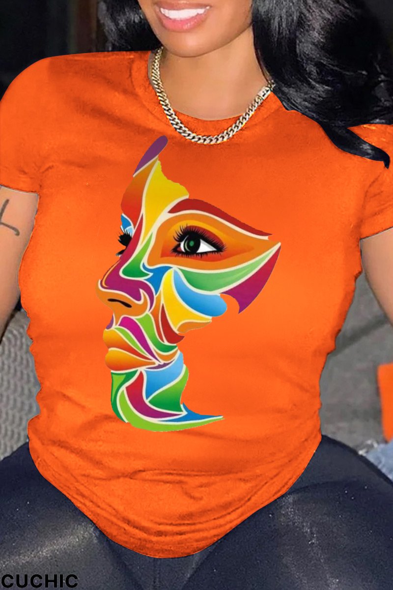 Orange Casual Daily Print Patchwork O Neck T-Shirts-CuChic