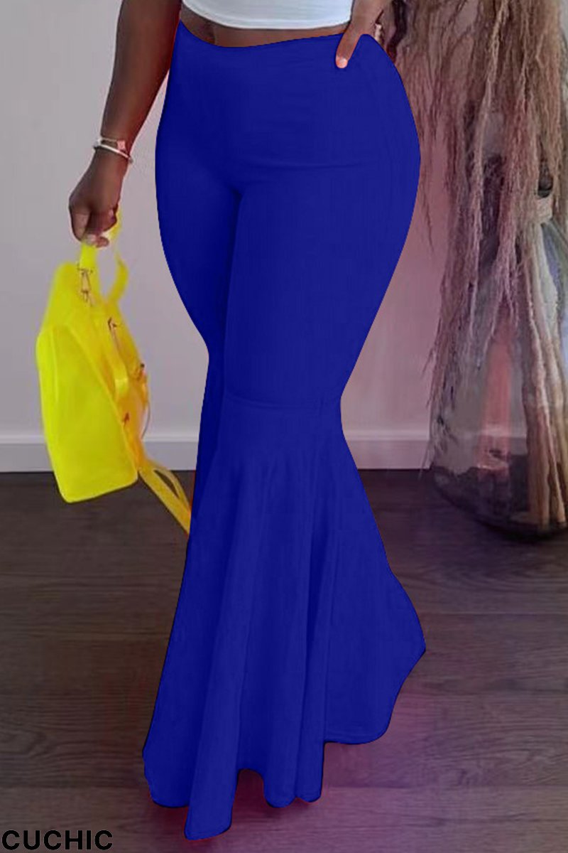 Blue Fashion Solid Flounce Boot Cut High Waist Speaker Solid Color Bottoms-CuChic