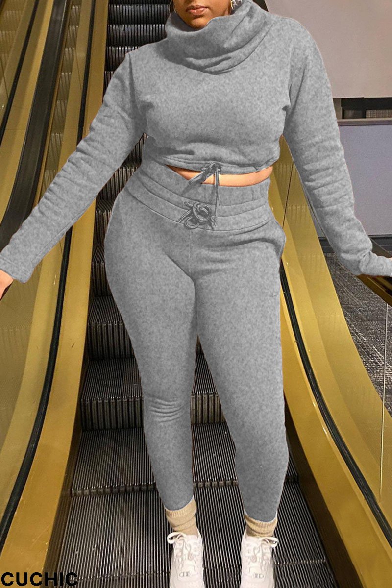 Grey Casual Solid Patchwork Turtleneck Long Sleeve Two Pieces-CuChic