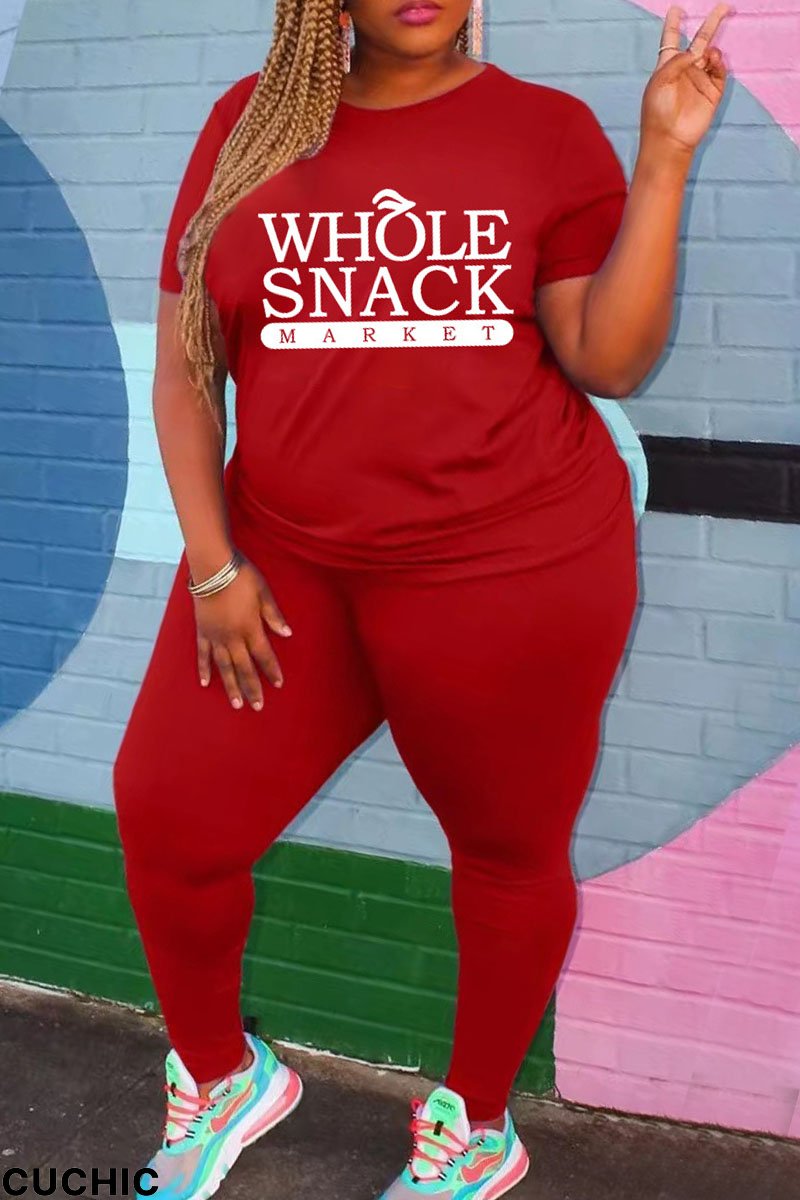 Red Fashion Casual Letter Print Basic O Neck Plus Size Two Pieces-CuChic