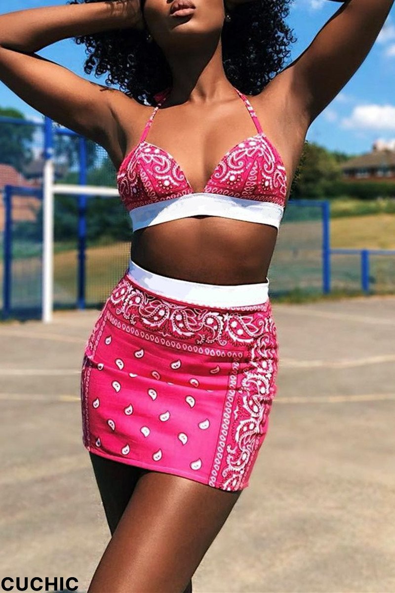 Pink Fashion Sexy Print Split Joint Backless Spaghetti Strap Sleeveless Two Pieces-CuChic