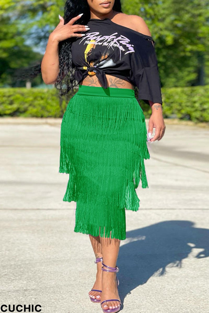 Green Casual Print Tassel Split Joint O Neck Short Sleeve Two Pieces-CuChic