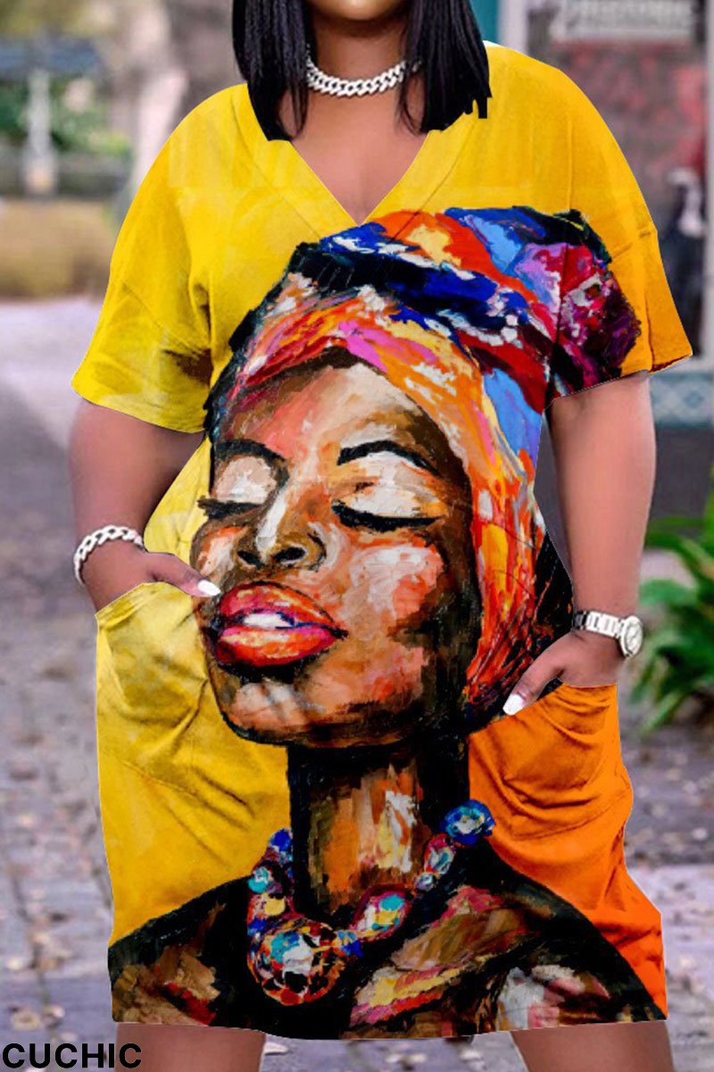 Mustard Yellow Casual Street Print Patchwork V Neck Straight Dresses-CuChic