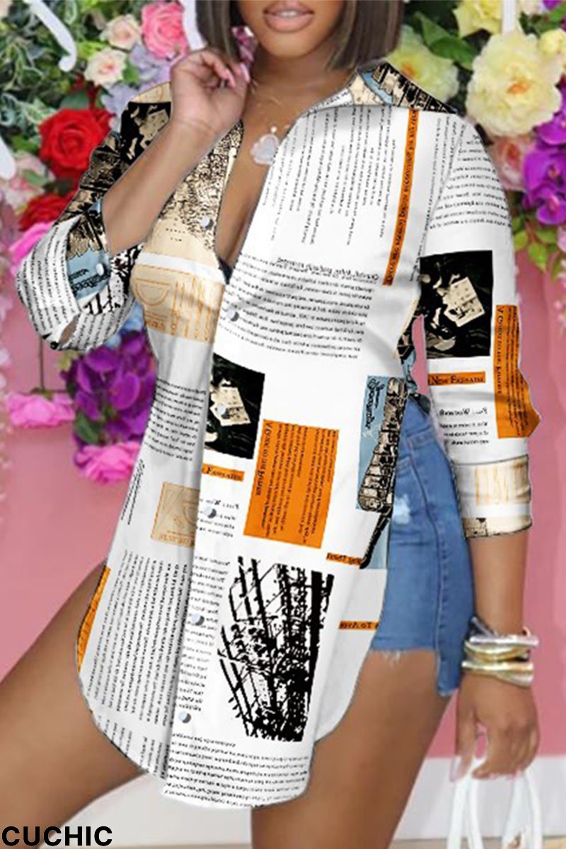 Orange White Casual Work Not Positioning Printed Buckle Asymmetrical Turndown Collar High Waist Tops-CuChic