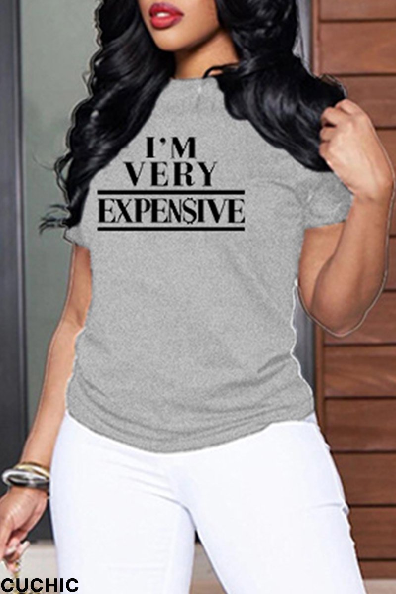 Grey Fashion Casual Letter Print Basic O Neck T-Shirts-CuChic