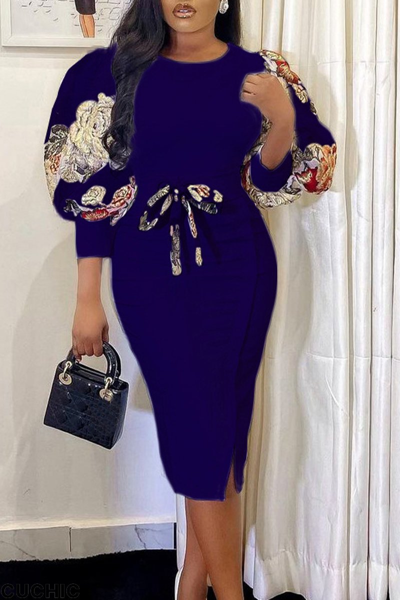 Deep Blue Fashion Print Patchwork O Neck Pencil Skirt Dresses-CuChic