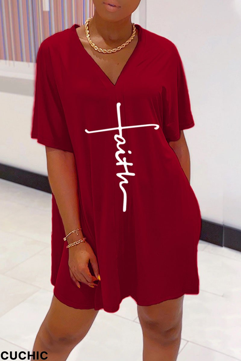 Burgundy Casual Print Split Joint V Neck Short Sleeve Two Pieces-CuChic