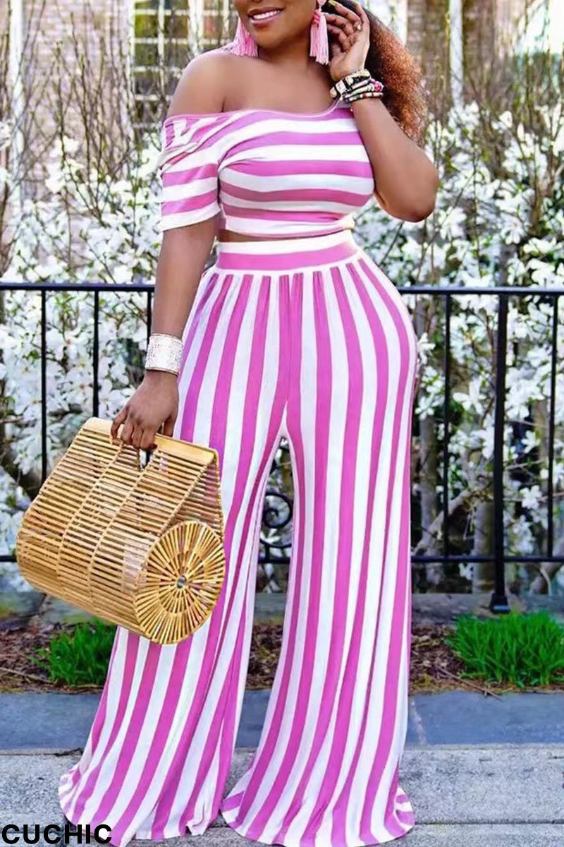 Pink Casual Striped Print Patchwork O Neck Short Sleeve Two Pieces-CuChic