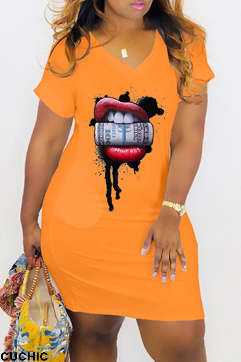 Orange Fashion Casual Print Basic V Neck Short Sleeve Dress-CuChic