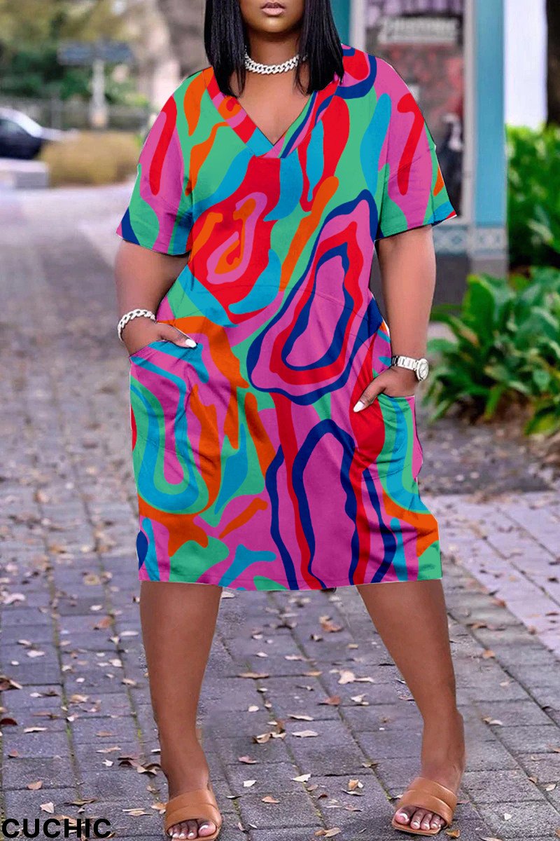 Multicolor Fashion Casual Plus Size Print Patchwork V Neck Short Sleeve Dress-CuChic