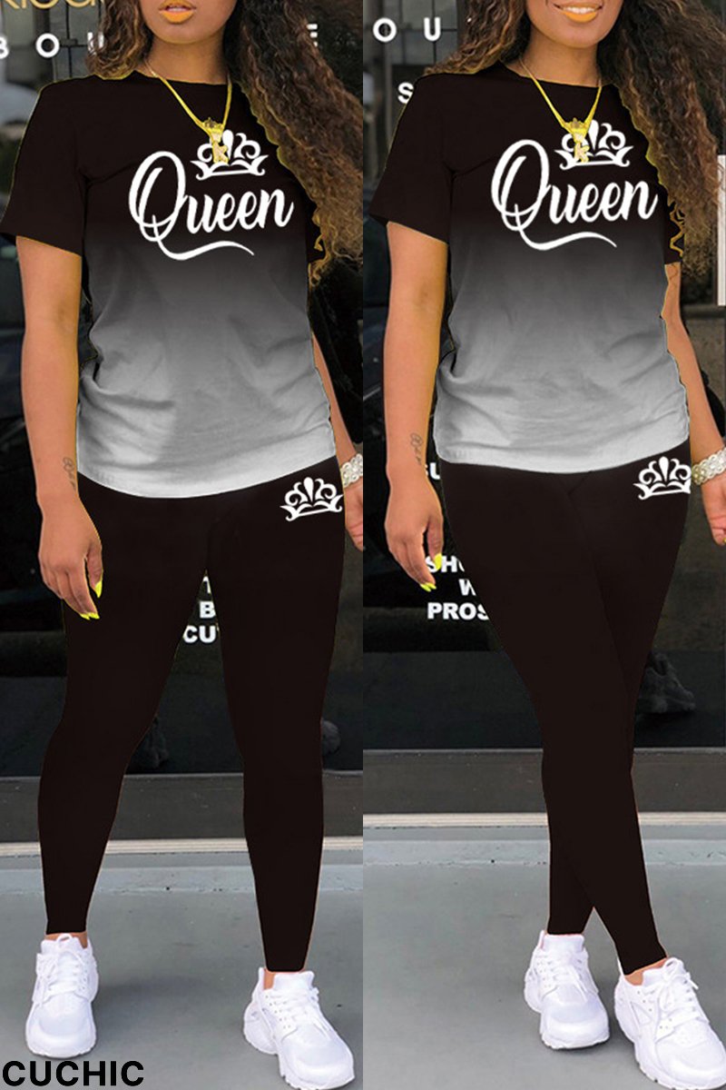 Black Casual Gradual Change Letter Print Basic O Neck Short Sleeve Two Pieces-CuChic