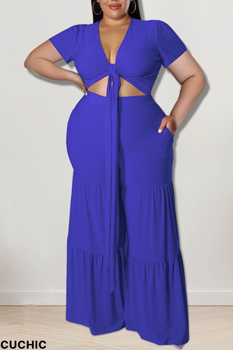 Blue Casual Solid Bandage Patchwork V Neck Plus Size Two Pieces-CuChic