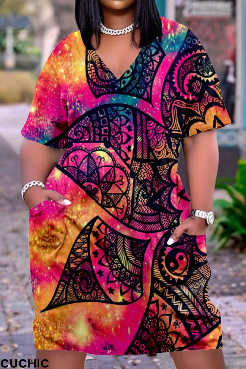 Black Orange Fashion Casual Print Basic V Neck Short Sleeve Dress-CuChic