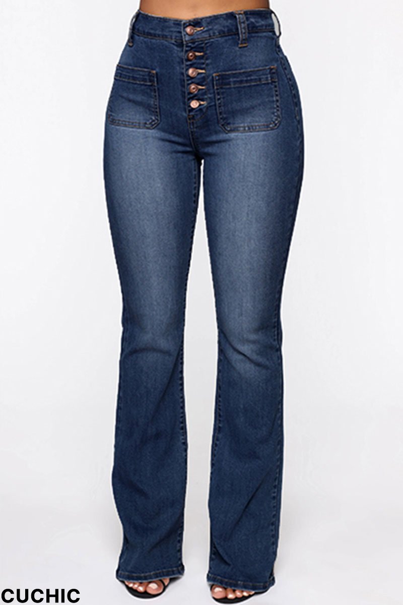 Dark Blue Fashion Casual Solid Split Joint High Waist Regular Denim Jeans-CuChic