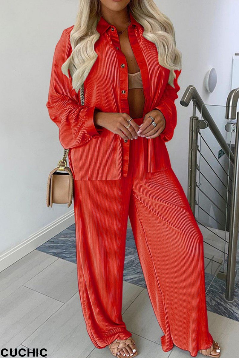 Red Casual Daily Solid Basic Shirt Collar Long Sleeve Two Pieces-CuChic