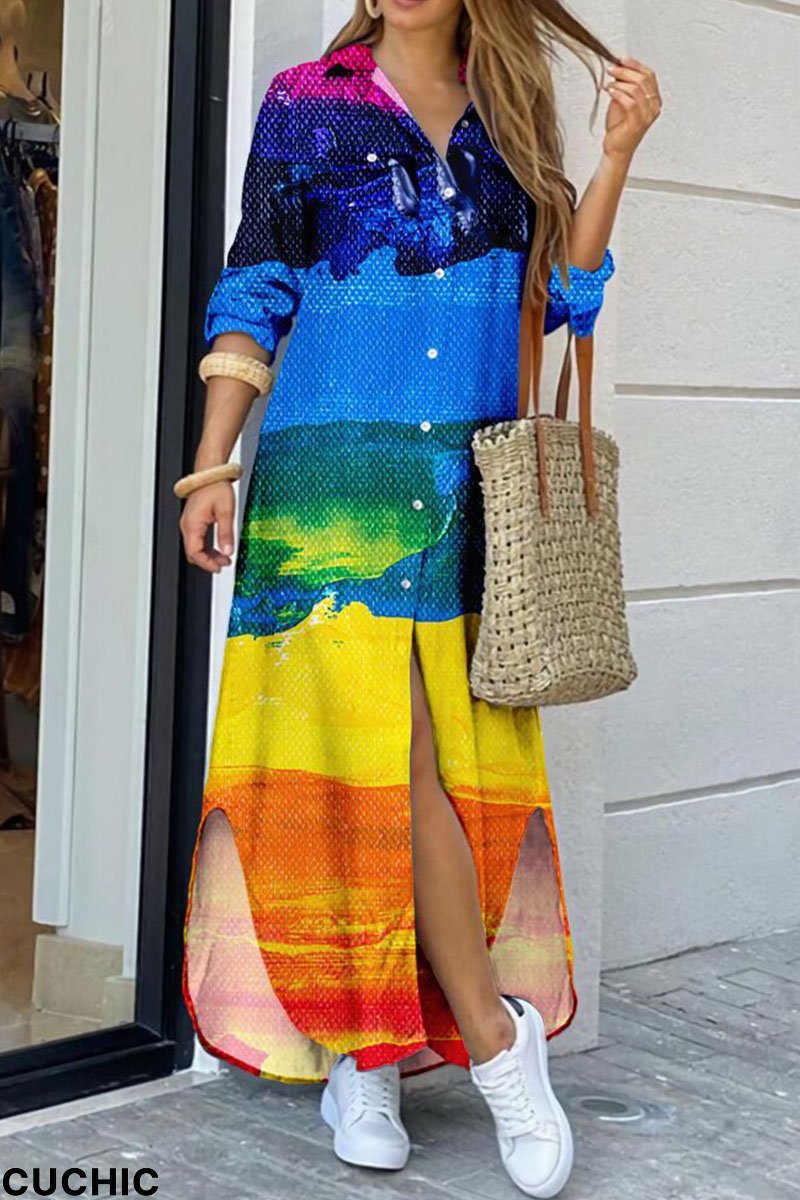 Blue Yellow Casual Print Patchwork Buckle Turndown Collar Shirt Dress Dresses-CuChic