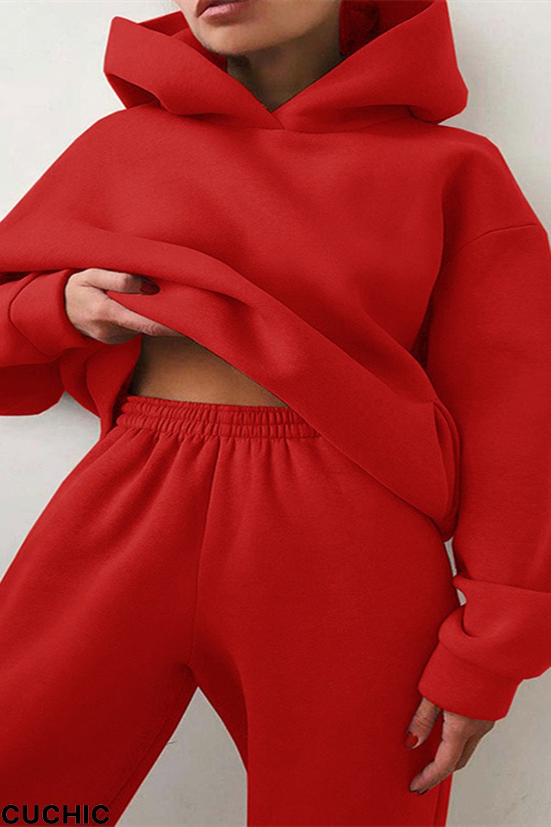 Red Fashion Casual Solid Basic Hooded Collar Long Sleeve Two Pieces-CuChic