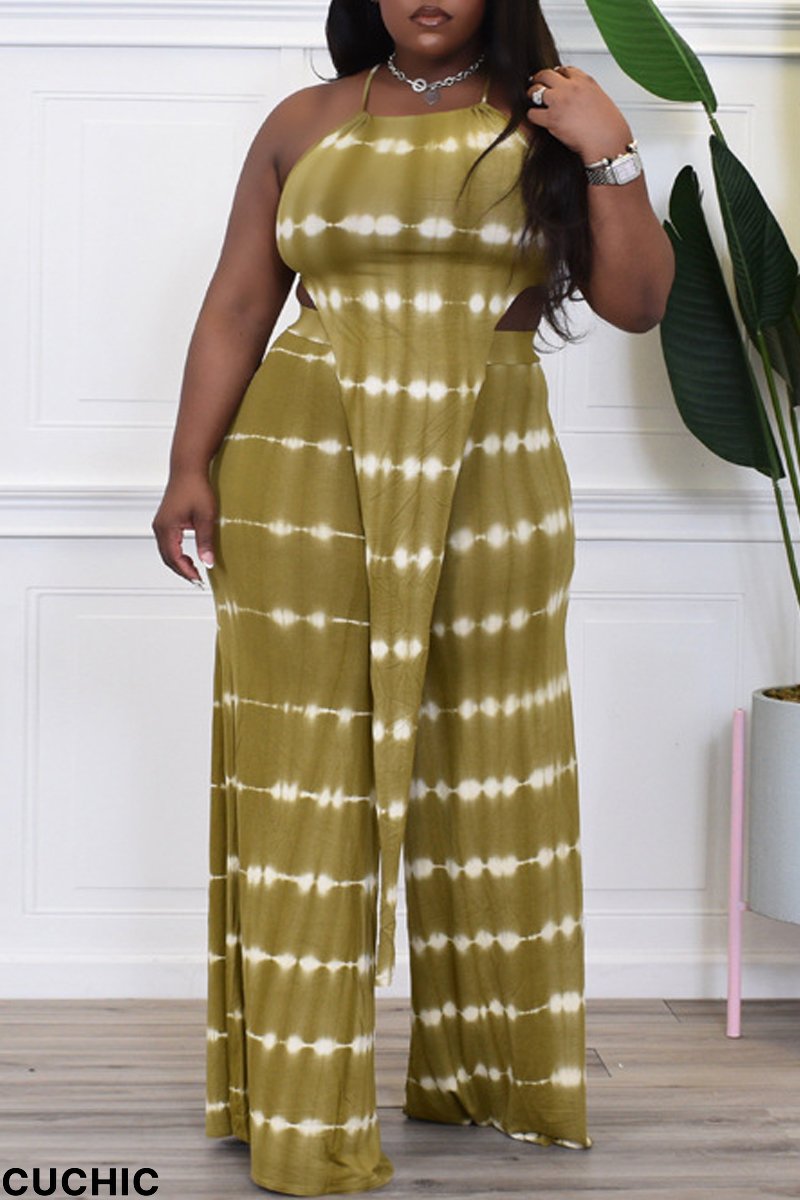 Army Green Sexy Casual Print Backless Asymmetrical O Neck Plus Size Two Pieces-CuChic