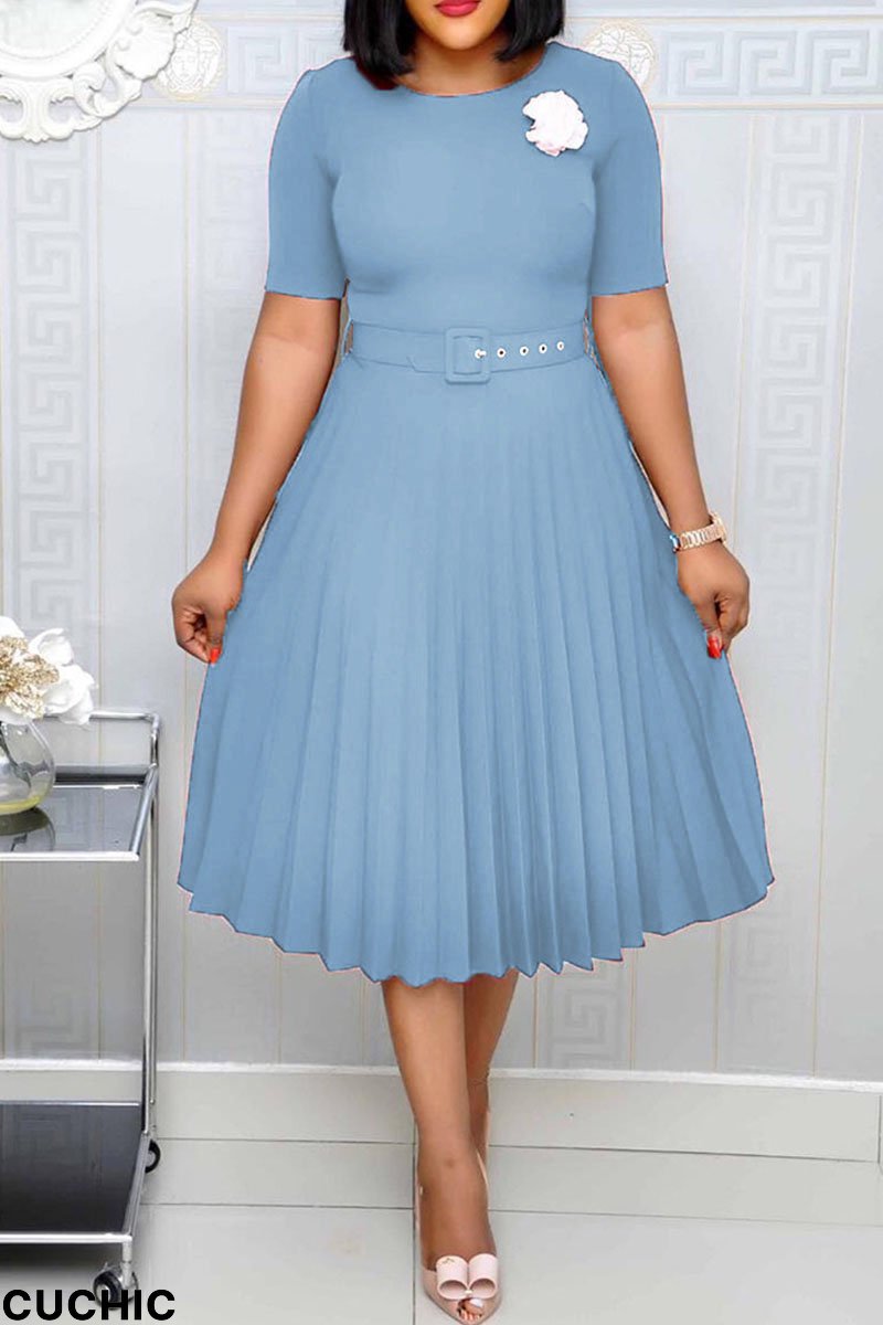 Sky Blue Casual Solid Patchwork Tear With Belt O Neck A Line Dresses-CuChic