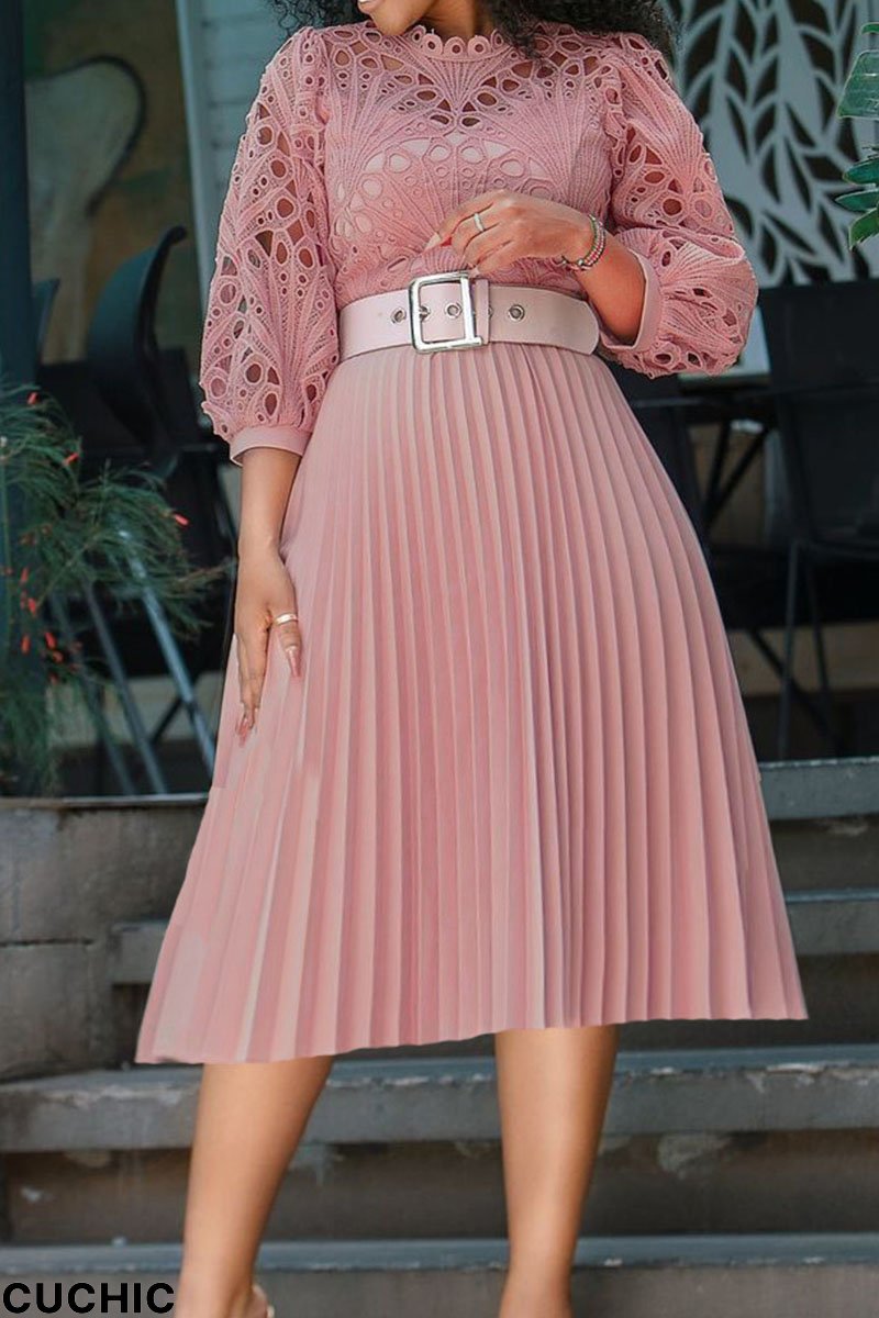 Pink Elegant Solid Hollowed Out Split Joint Fold O Neck Dresses(Without Belt)-CuChic