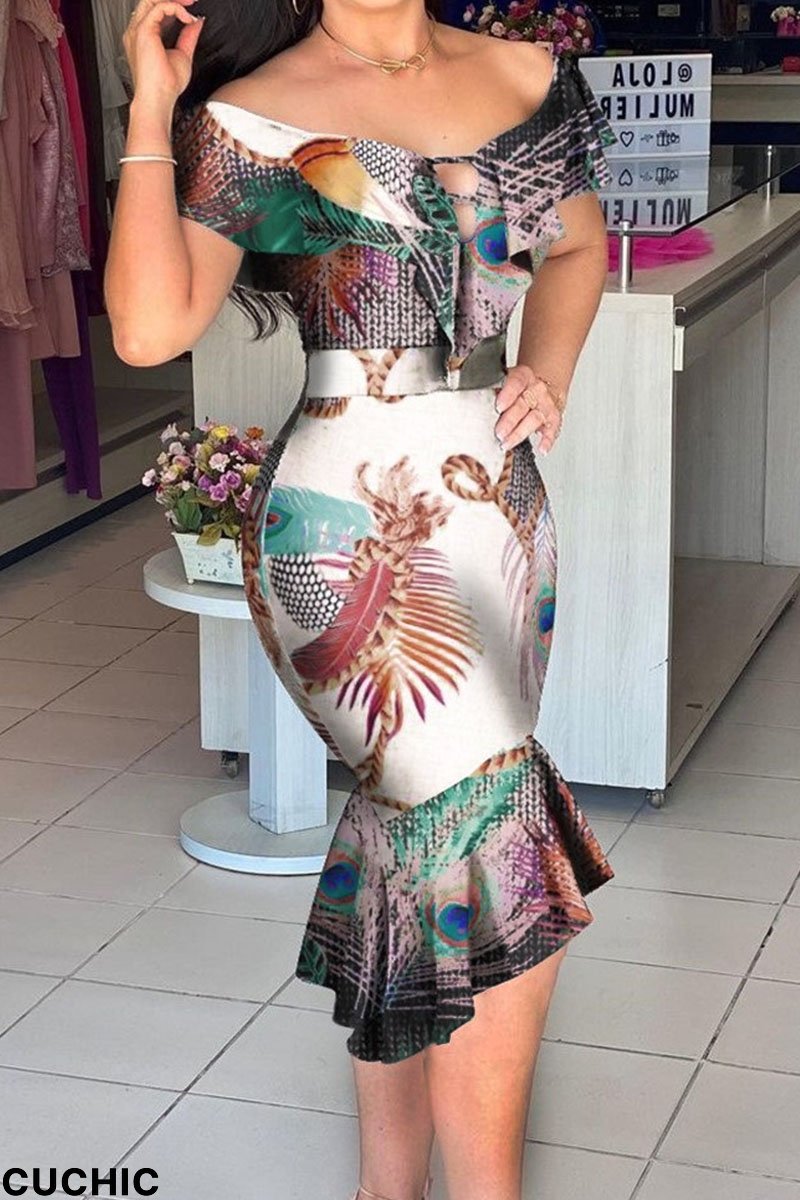 Peacock Blue Sexy Print Split Joint Flounce Off the Shoulder Irregular Dress Dresses-CuChic