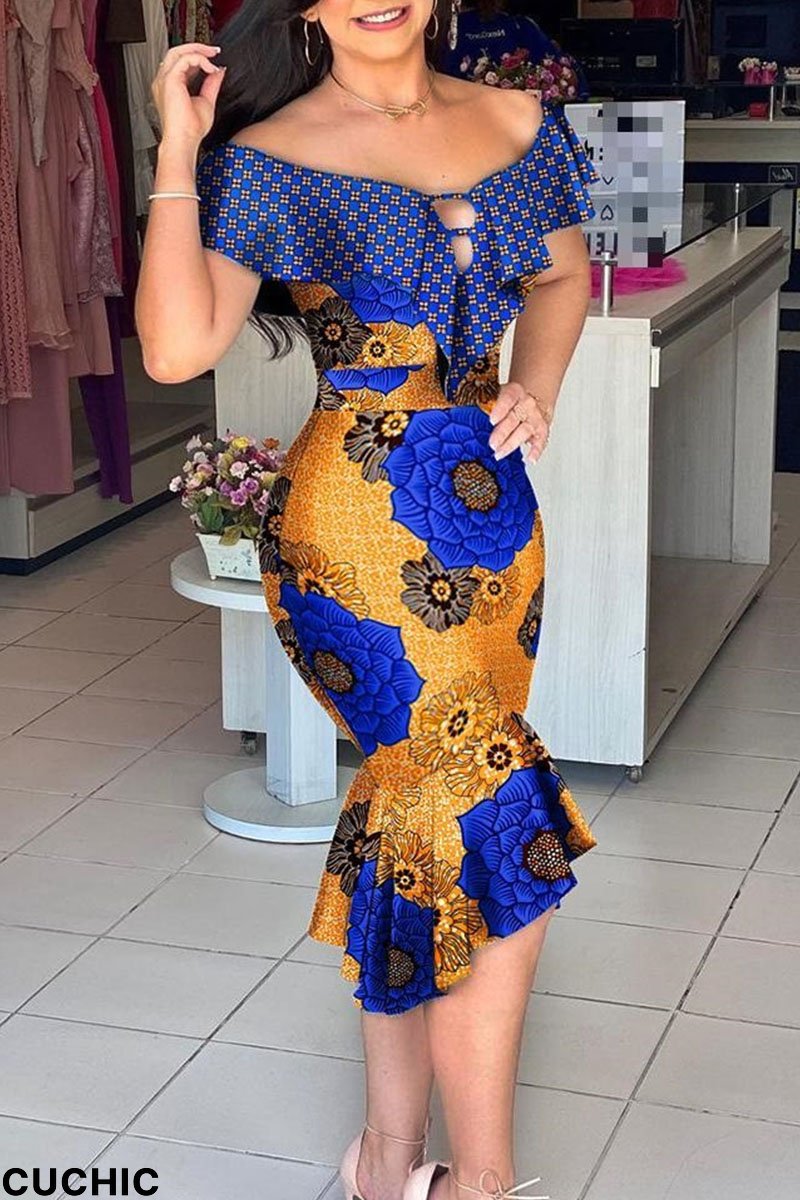 Blue Sexy Print Split Joint Flounce Off the Shoulder Irregular Dress Dresses-CuChic
