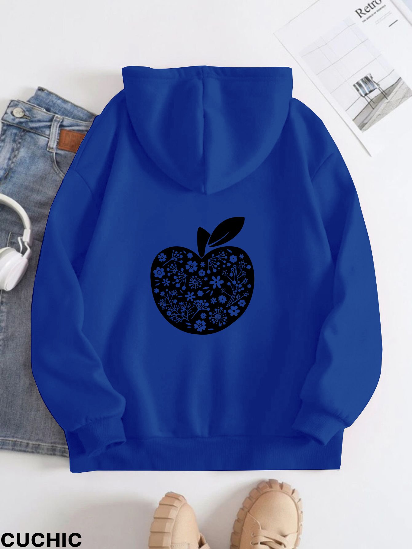 Printed on the Back Kangaroo Pocket Hoodie Long Sleeve for Women Pattern Flower filled apple