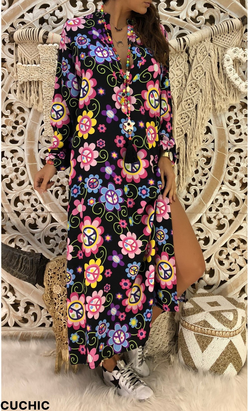 Women Long Sleeve V-neck Floral Printed Graphic Dress