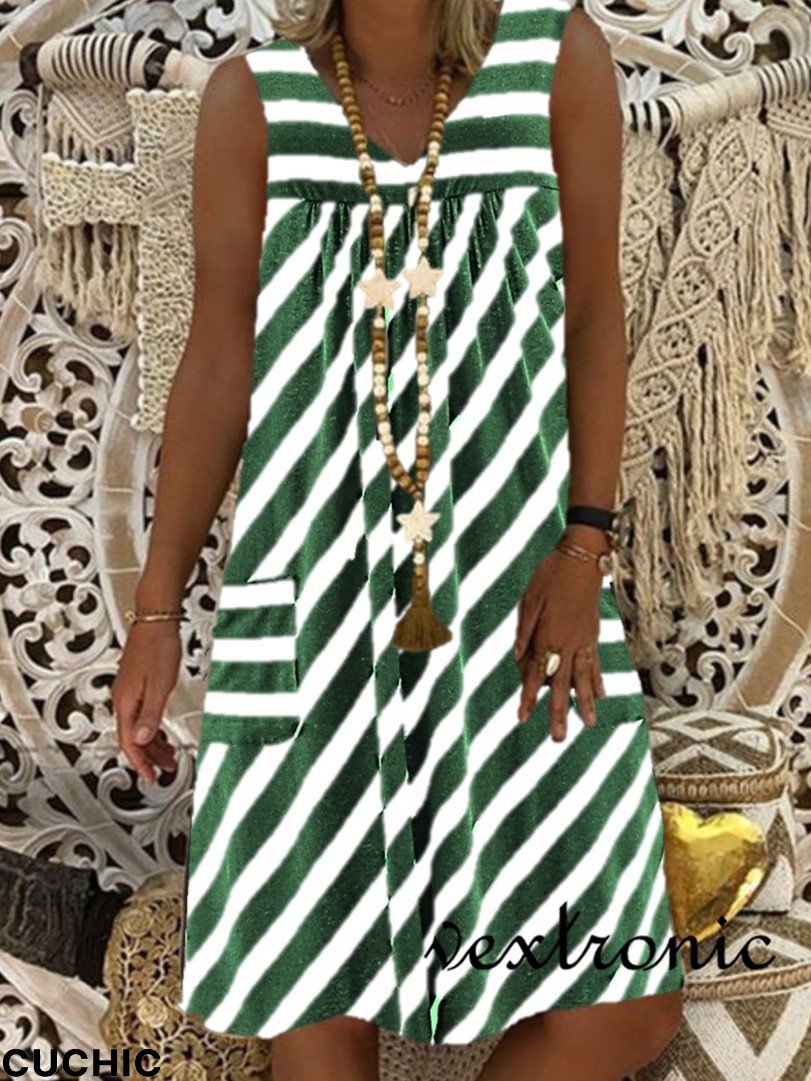 Ladies Summer Round-neck Sleeveless Dress with Pockets