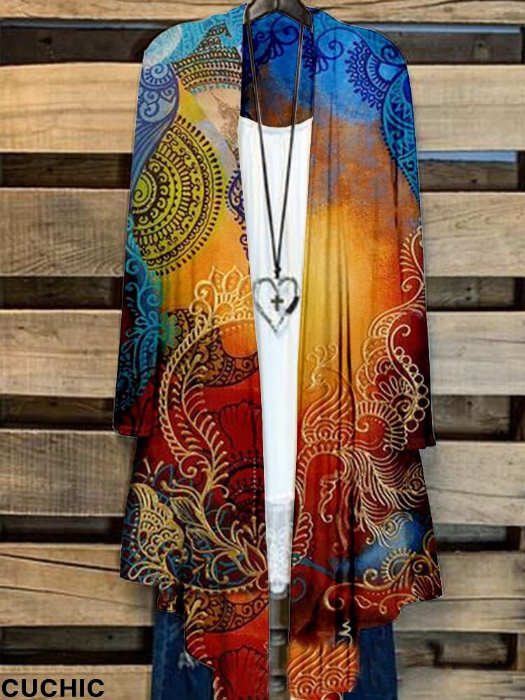 Women's Long Sleeve Casual Printed Colorblock Graphic Loose Cardigan Coat