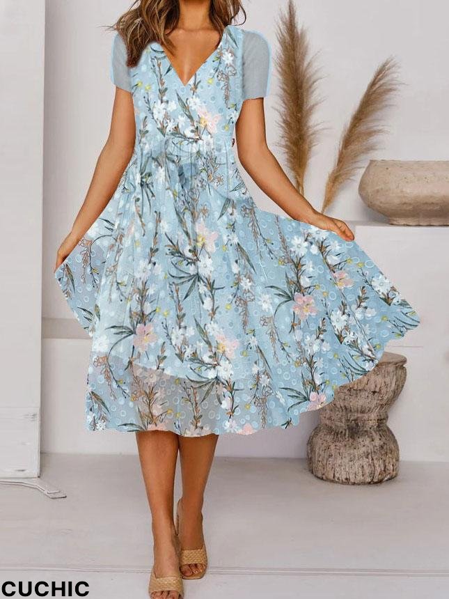 Women Short Sleeve V-neck Printed Lace Midi Dress