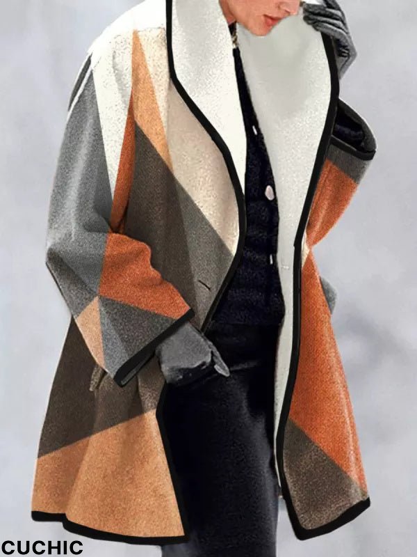 Contrasting Geometric Print Casual Loose Woolen Coat