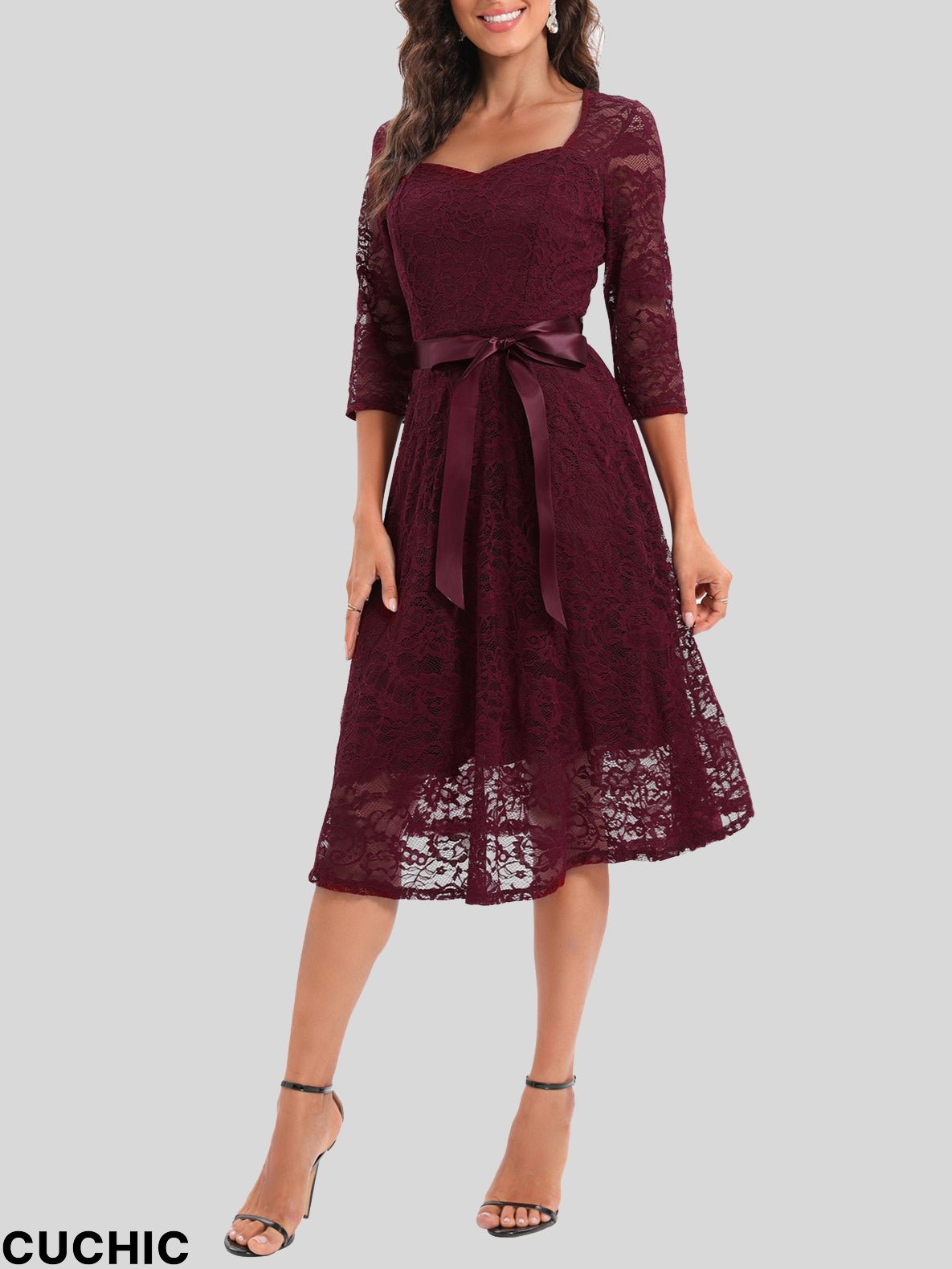 Women's 3/4 Sleeve V-neck Lace Midi Dress
