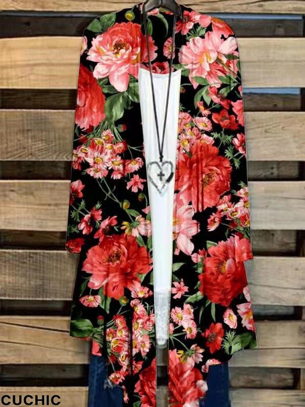 Women's Long Sleeve Casual Floral Printed Graphic Loose Cardigan Coat
