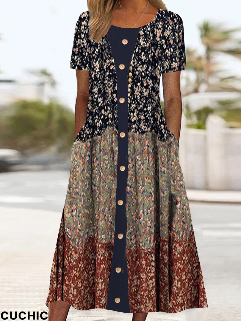 Women Short Sleeve Scoop Neck Graphic Floral Printed Pockets Midi Dress