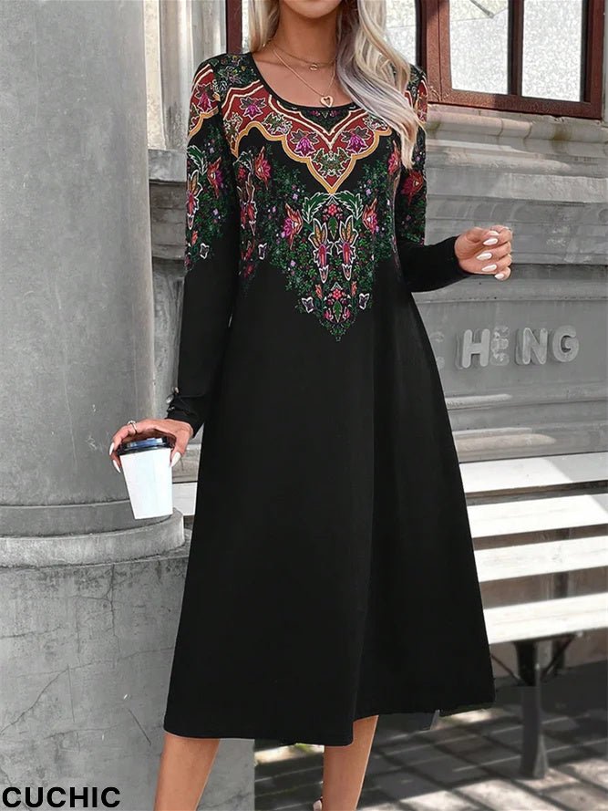 Women's Long Sleeve V-neck Graphic Printed Midi Dress
