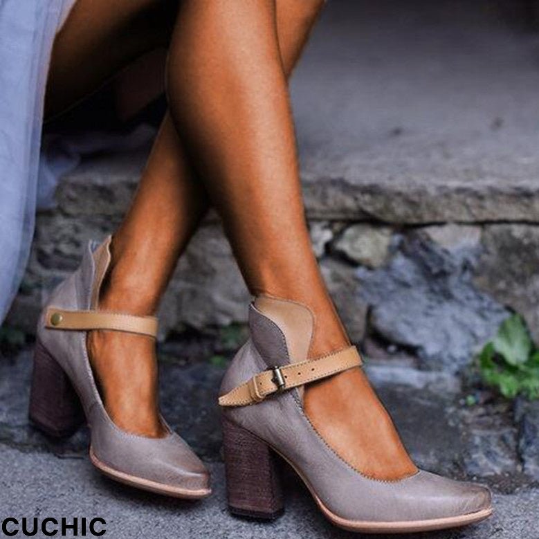 Women Vintage Heel Solid Color Fashion Shoes