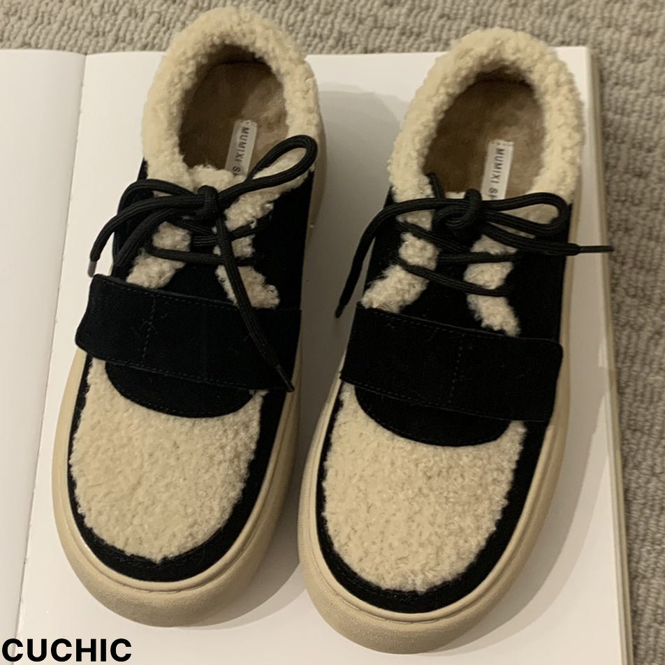 Women's Casual Colorblock Shoelace Round Toe Flat Sole Plush Shoes