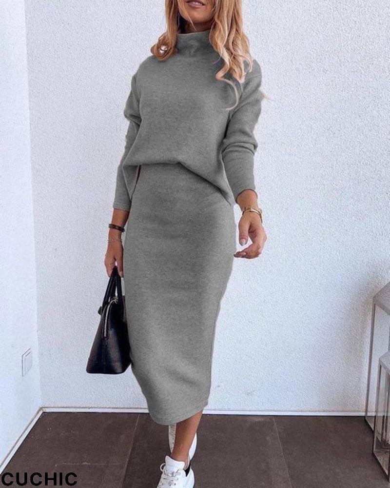 Mock Neck Sweatshirt & High Waist Skirt Set