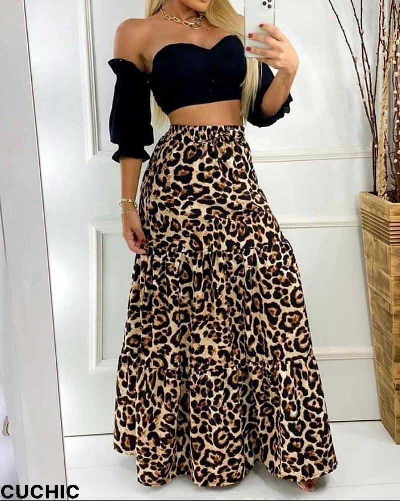 Off Shoulder Crop Top & Leopard Print Skirt Set