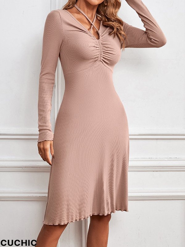 A-Line High Waisted Pleated Solid Color Deep V-Neck Midi Dresses