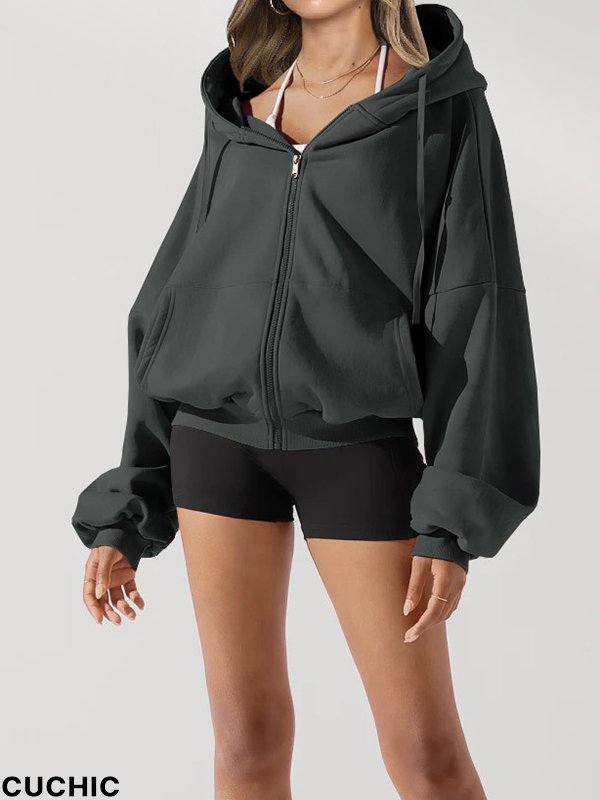 Hooded Long Sleeves Drawstring Pockets Solid Color Zipper Jackets Outerwear