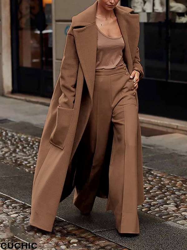 Long Sleeves Loose Solid Color Split-Joint Lapel Outerwear Woolen Coat